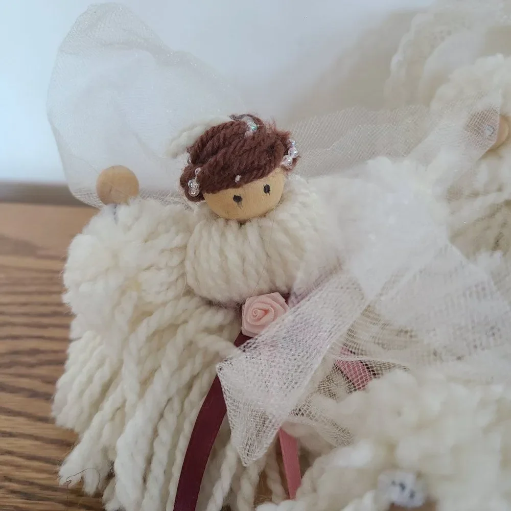 Vintage Five Yarn Mop Dolls Thimble Wood Bead Satin Ribbon Tulle Accent Handmade
